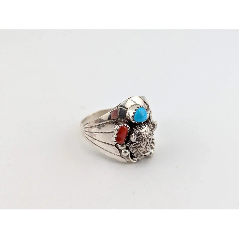 Navajo Men's Buffalo Ring Sterling Silver Turquoise‎ Signed Grace Smith 13 ***